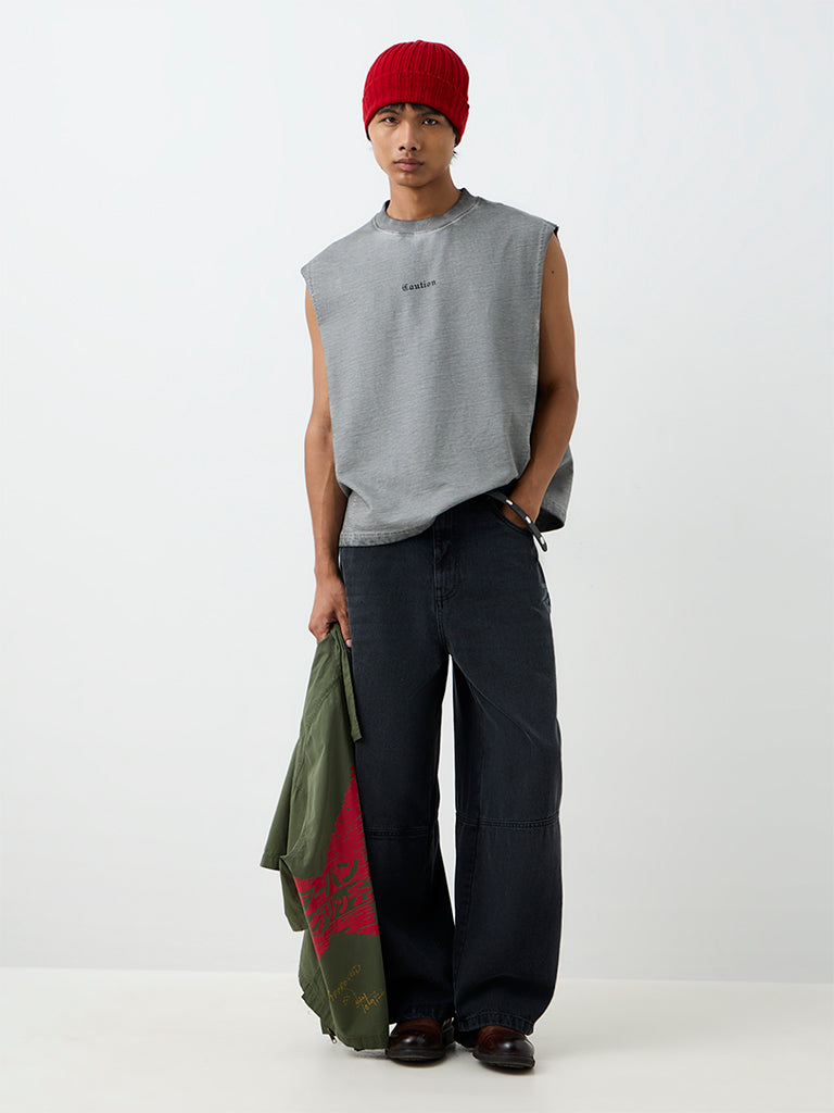 Nuon Grey Printed Relaxed-Fit Cotton T-Shirt