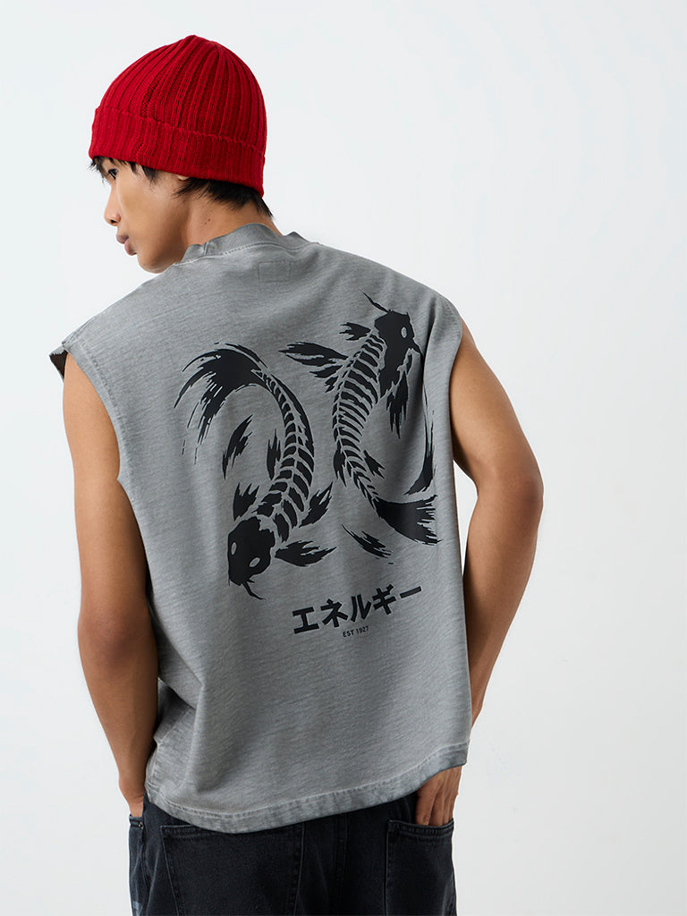 Nuon Grey Printed Relaxed-Fit Cotton T-Shirt