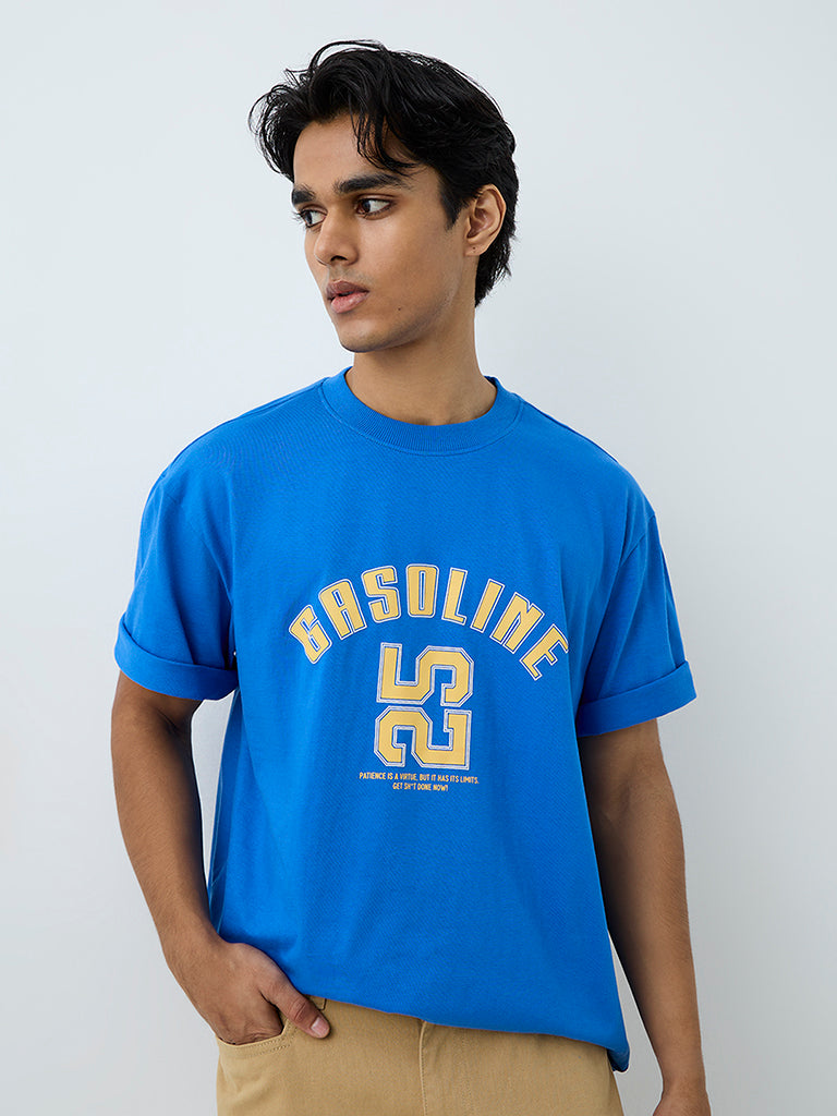 Nuon Blue Text Printed Relaxed-Fit T-Shirt