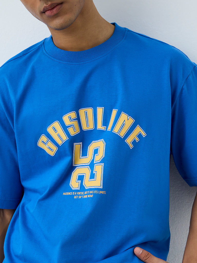 Nuon Blue Text Printed Relaxed-Fit T-Shirt