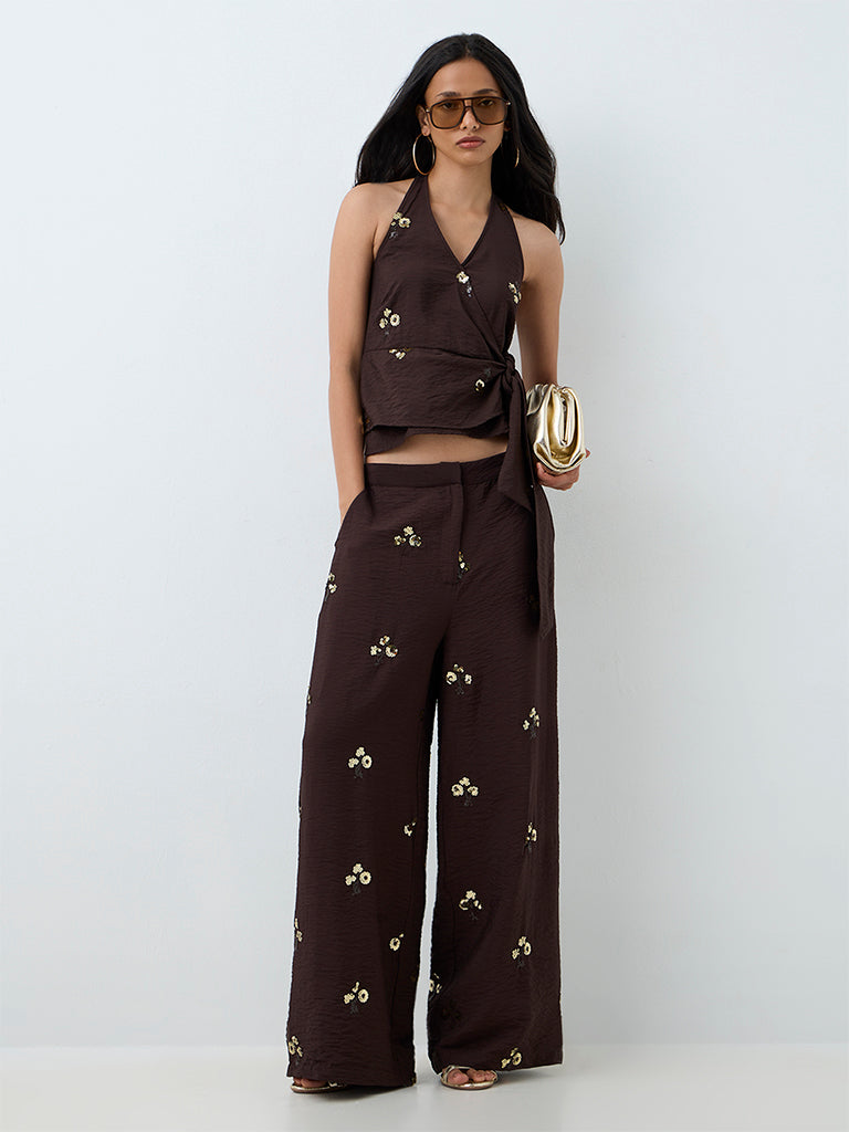 LOV Dark Brown Floral Embellished Halter-Neck Top
