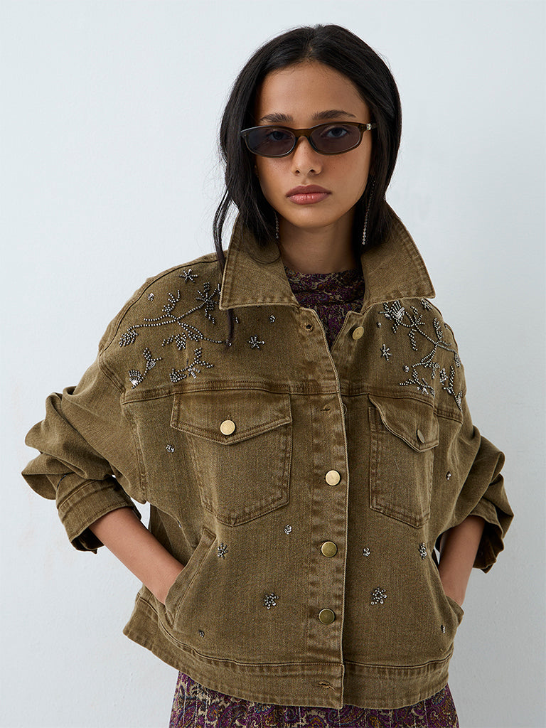 LOV Khaki Embellished Denim Jacket