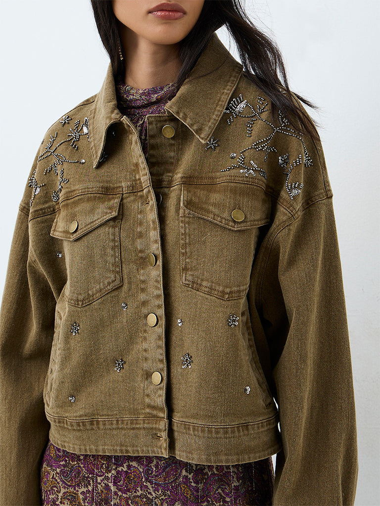 LOV Khaki Embellished Denim Jacket