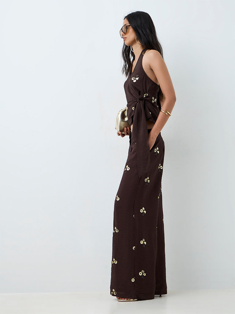 LOV Dark Brown Embellished High-Rise Pants