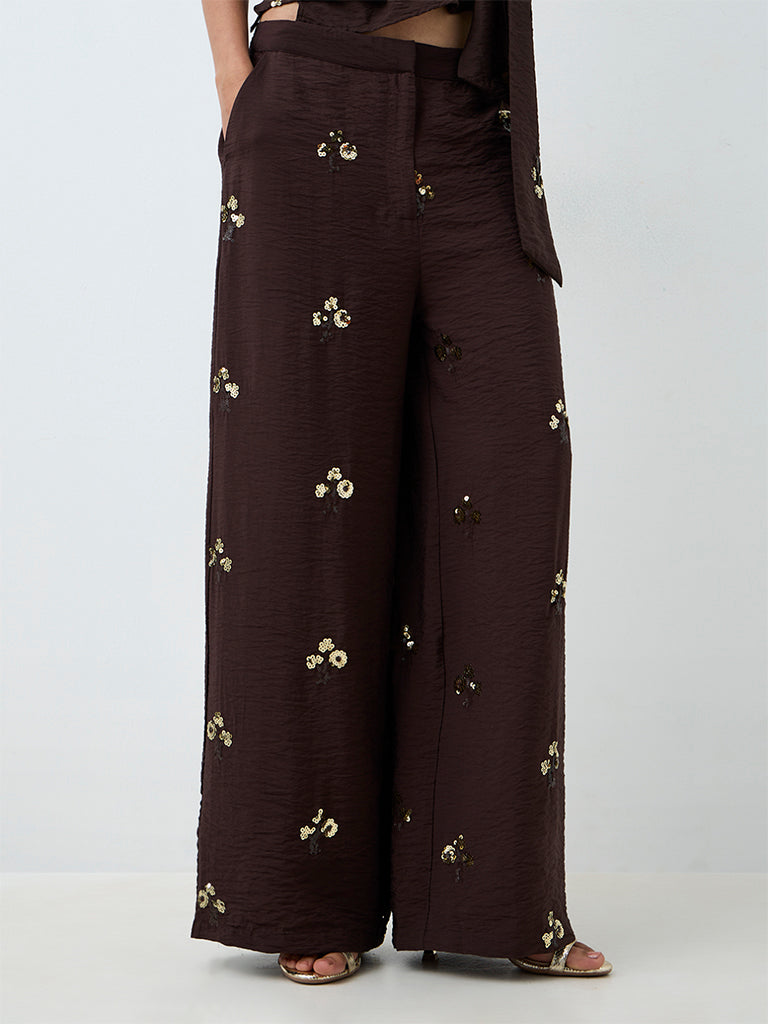 LOV Dark Brown Embellished High-Rise Pants