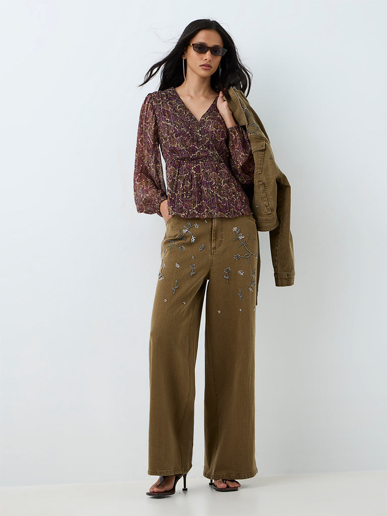 LOV Khaki High-Waist Jeans with Floral Embellishments