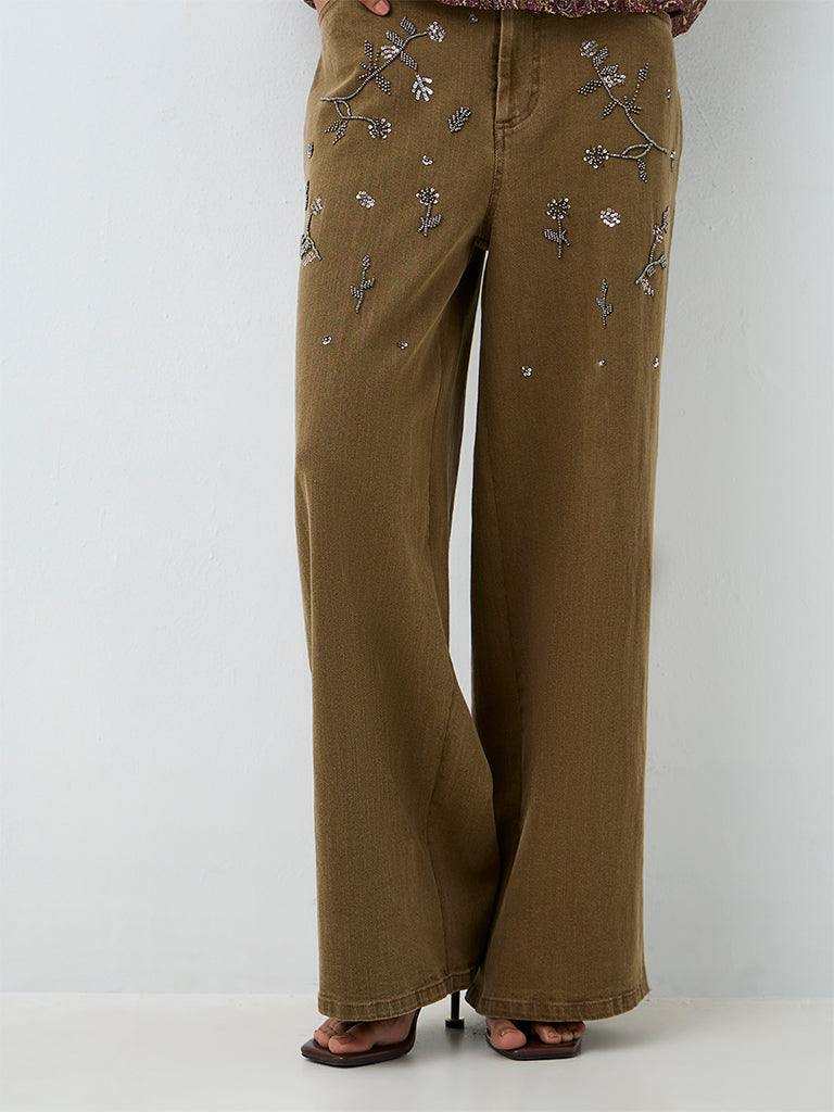 LOV Khaki High-Waist Jeans with Floral Embellishments