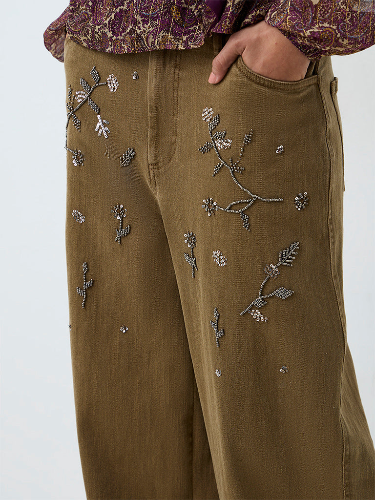 LOV Khaki High-Waist Jeans with Floral Embellishments