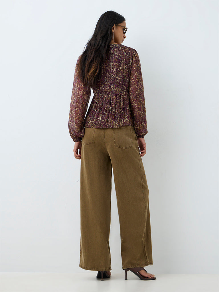 LOV Khaki High-Waist Jeans with Floral Embellishments