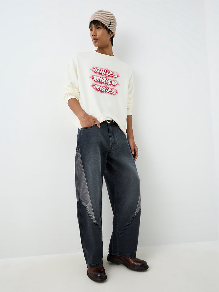 Nuon Charcoal Color-Blocked Baggy-Fit Mid-Rise Jeans