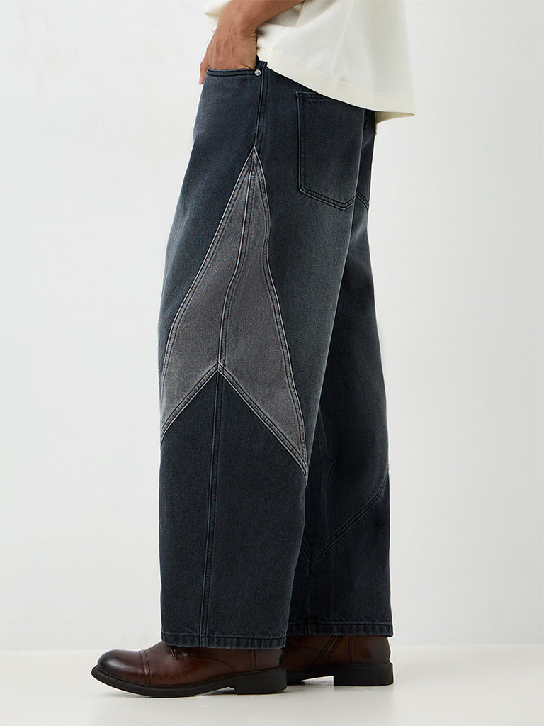 Nuon Charcoal Color-Blocked Baggy-Fit Mid-Rise Jeans