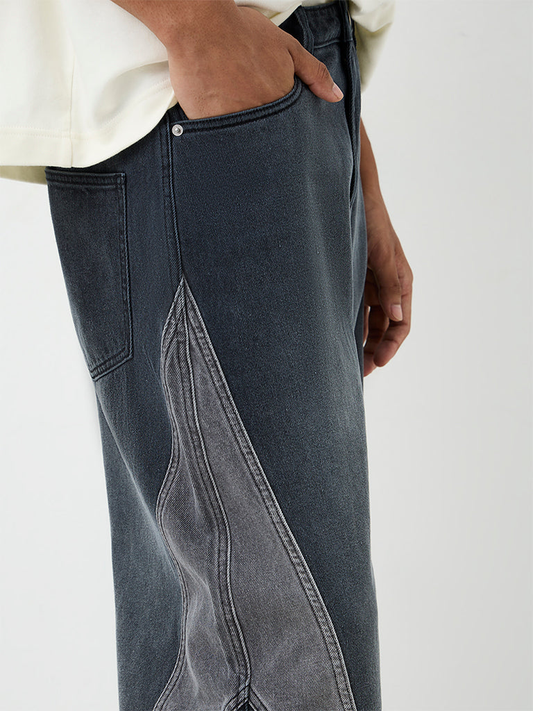 Nuon Charcoal Color-Blocked Baggy-Fit Mid-Rise Jeans