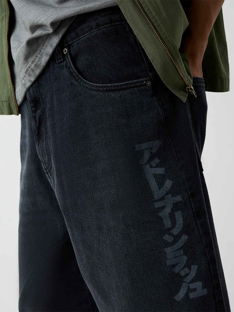 Nuon Charcoal Japanese Printed Baggy-Fit Mid-Rise Jeans