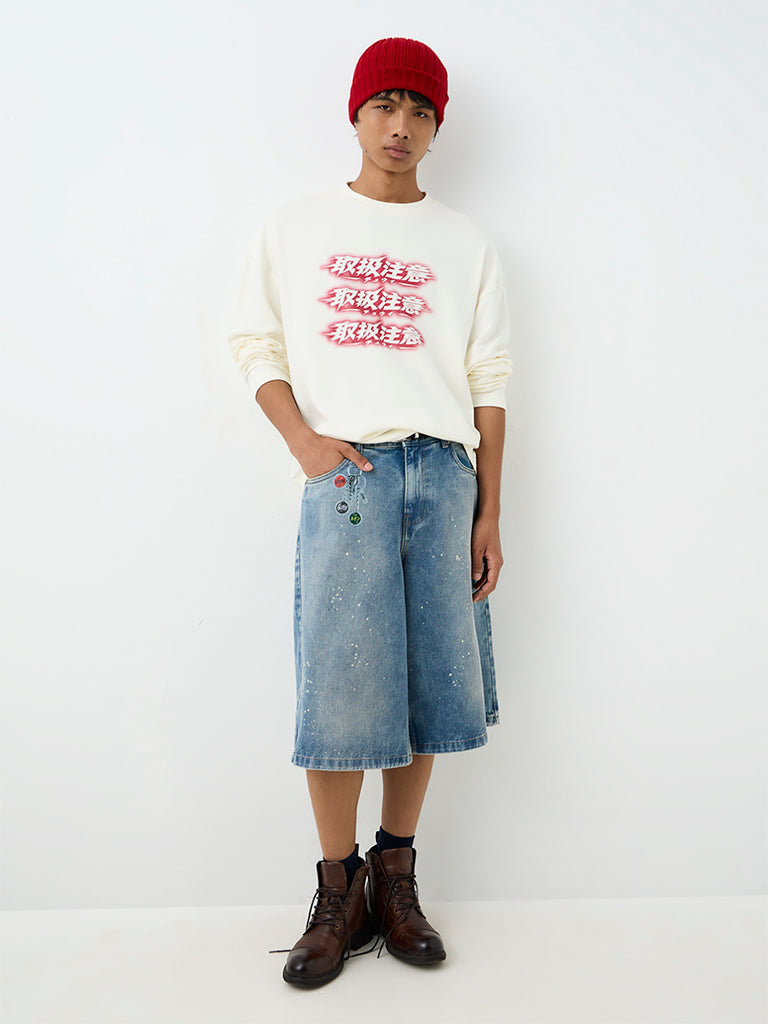 Nuon Cream Japanese-Theme Oversized Cotton Sweatshirt