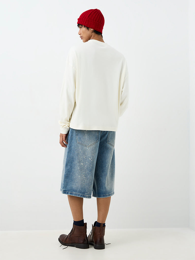 Nuon Cream Japanese-Theme Oversized Cotton Sweatshirt
