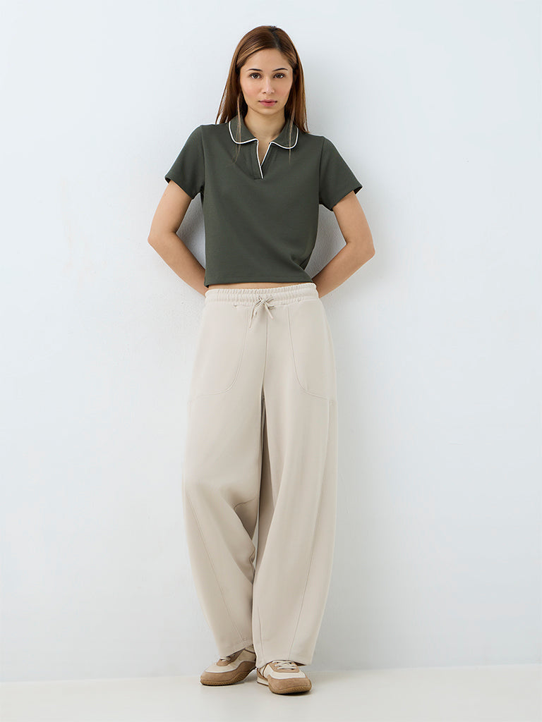 Nuoflexx Light Beige Barrel-Fit High-Rise Track Pants