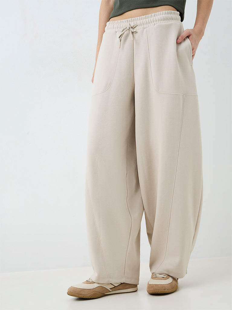 Nuoflexx Light Beige Barrel-Fit High-Rise Track Pants