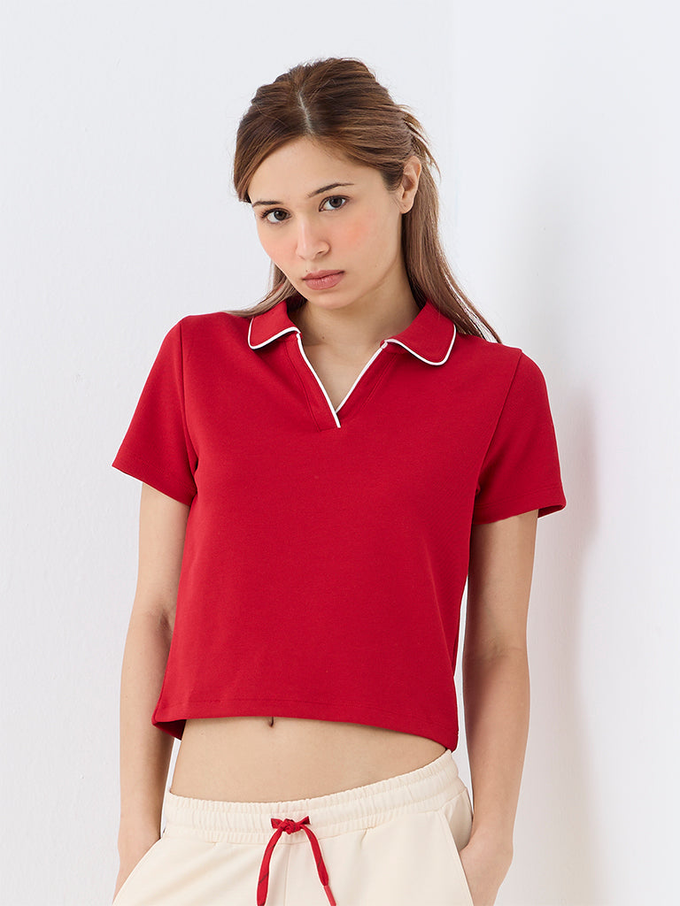 Nuoflexx Red Contrast-Piping Polo T-Shirt