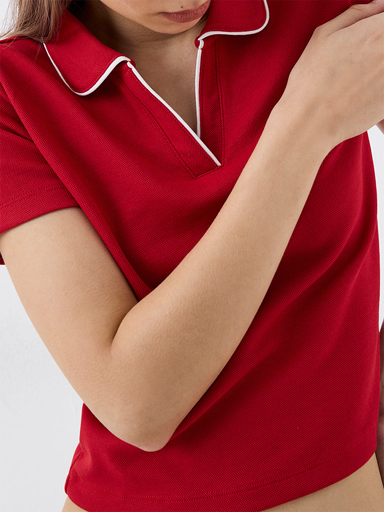 Nuoflexx Red Contrast-Piping Polo T-Shirt