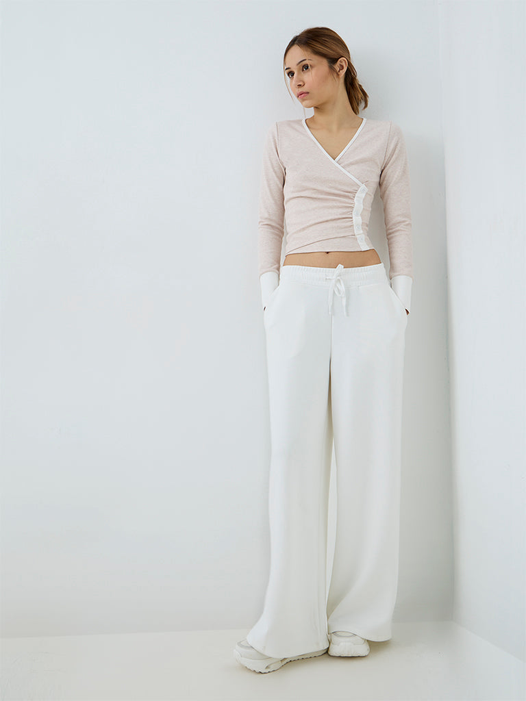 Nuoflexx Light Beige Melange Wrap-Style Cotton-Blend Top