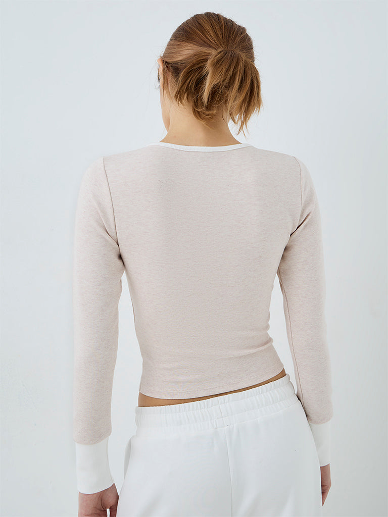 Nuoflexx Light Beige Melange Wrap-Style Cotton-Blend Top
