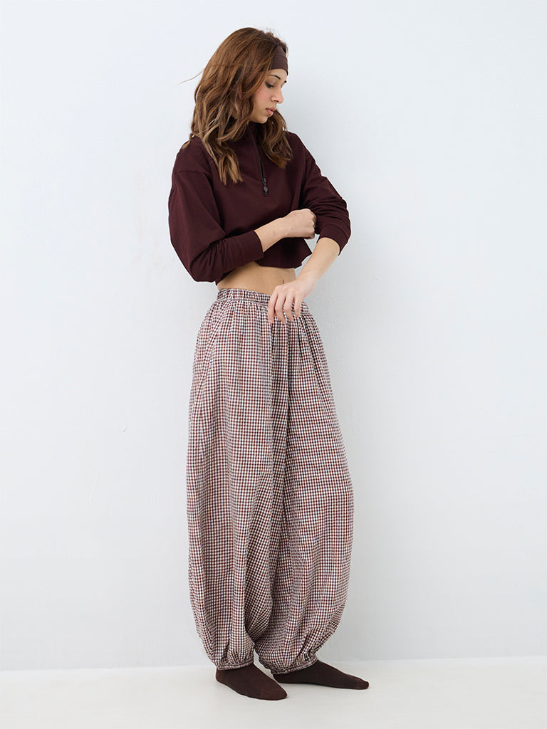 Superstar Brown Checkered High-Rise Balloon Pants