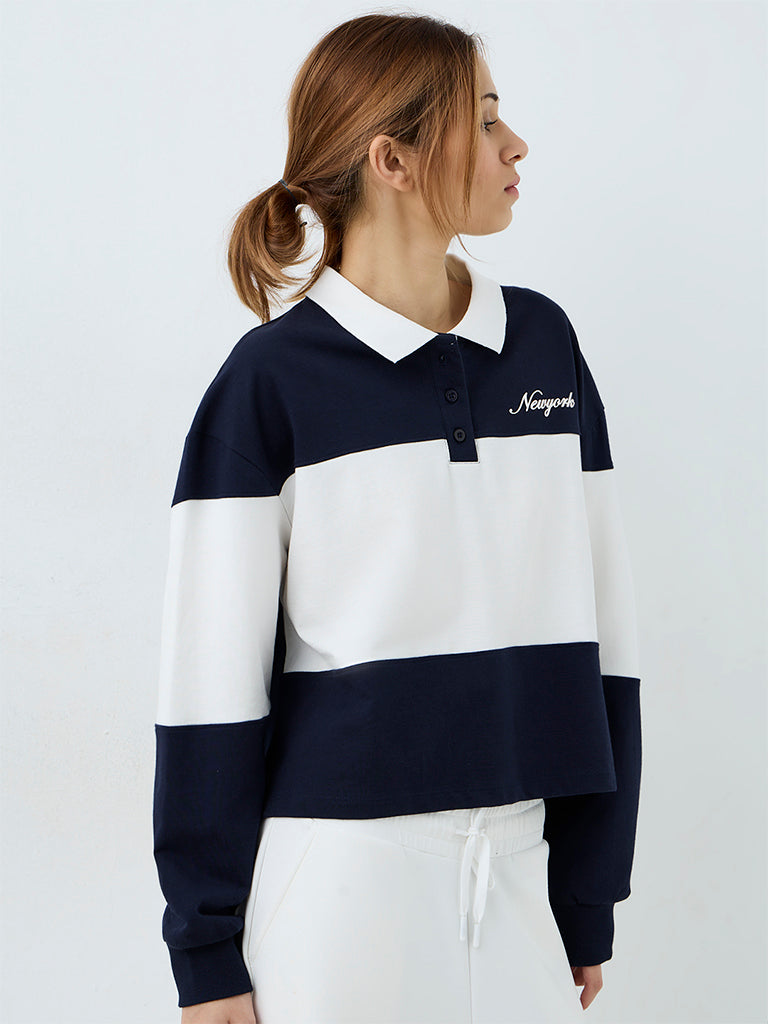 Nuoflexx Navy Colour-Blocked Cotton Polo Sweatshirt