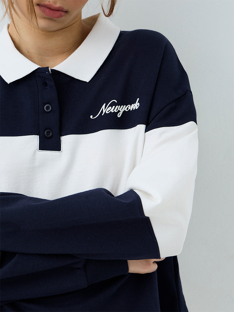 Nuoflexx Navy Colour-Blocked Cotton Polo Sweatshirt