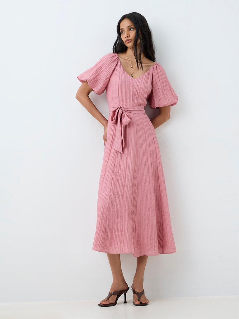 LOV Pink Crinkle-Textured A-Line Dress with Belt