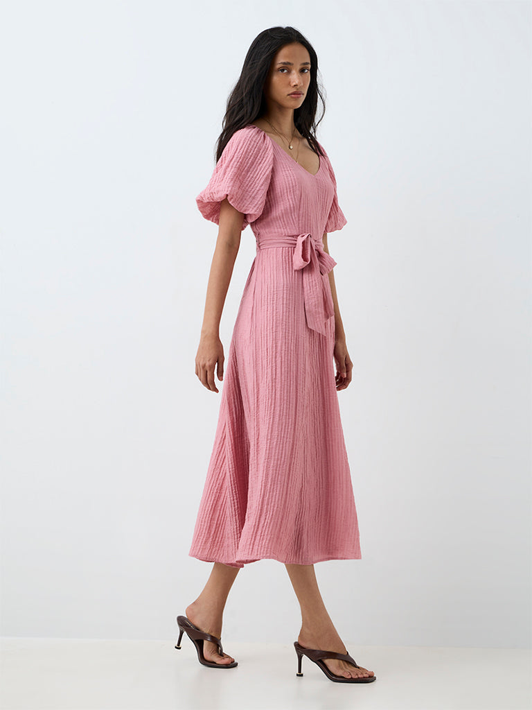 LOV Pink Crinkle-Textured A-Line Dress with Belt
