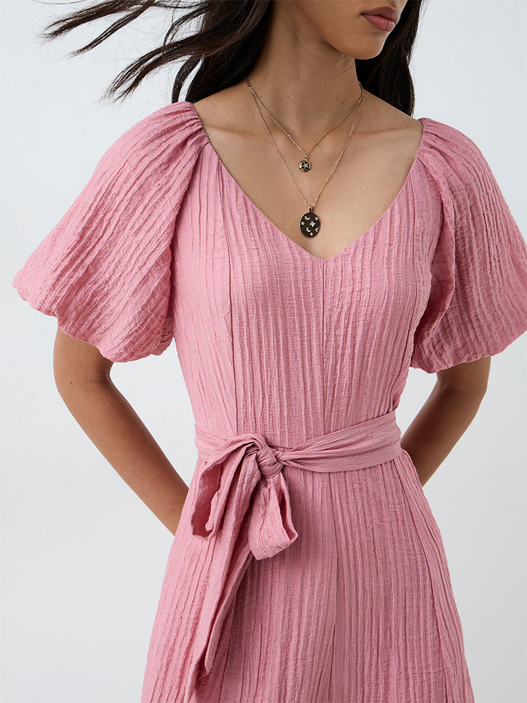 LOV Pink Crinkle-Textured A-Line Dress with Belt