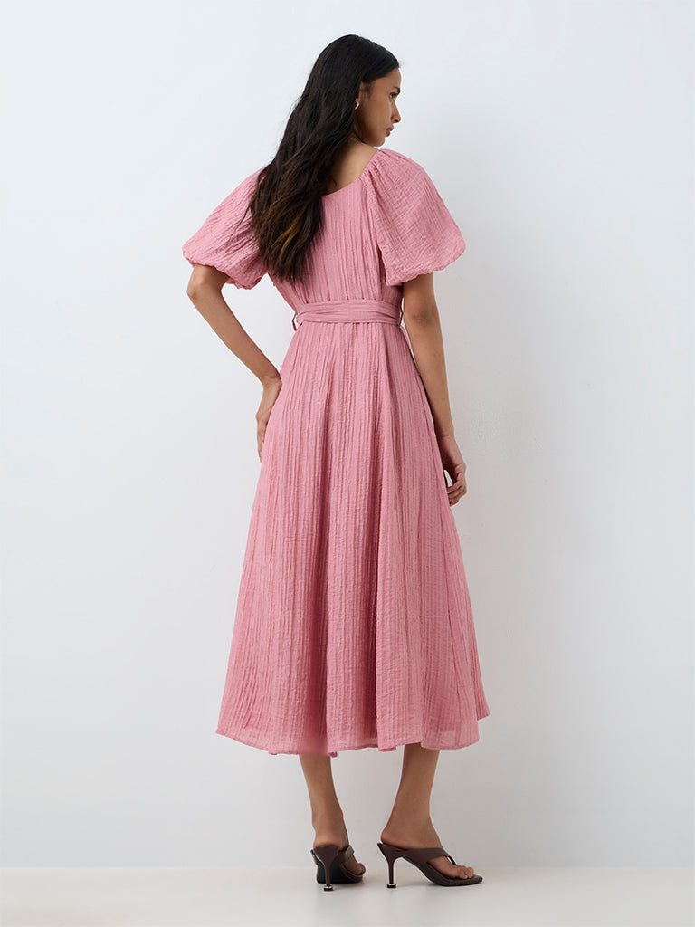 LOV Pink Crinkle-Textured A-Line Dress with Belt