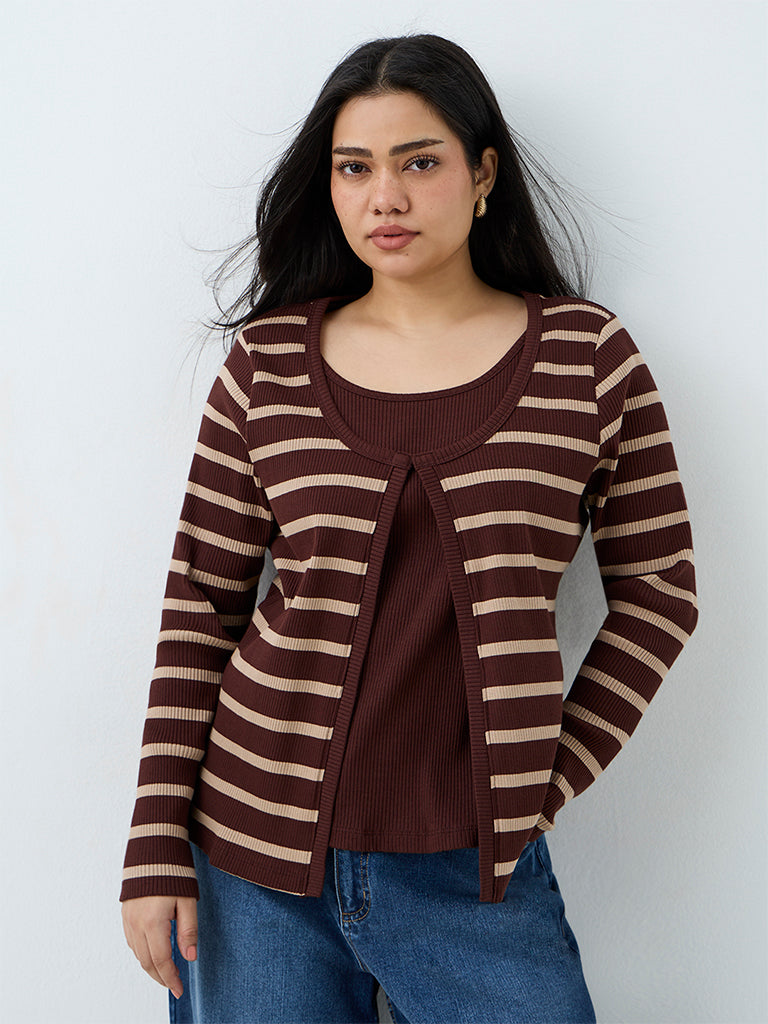 Gia Dark Brown Striped Ribbed Cotton-Blend Top