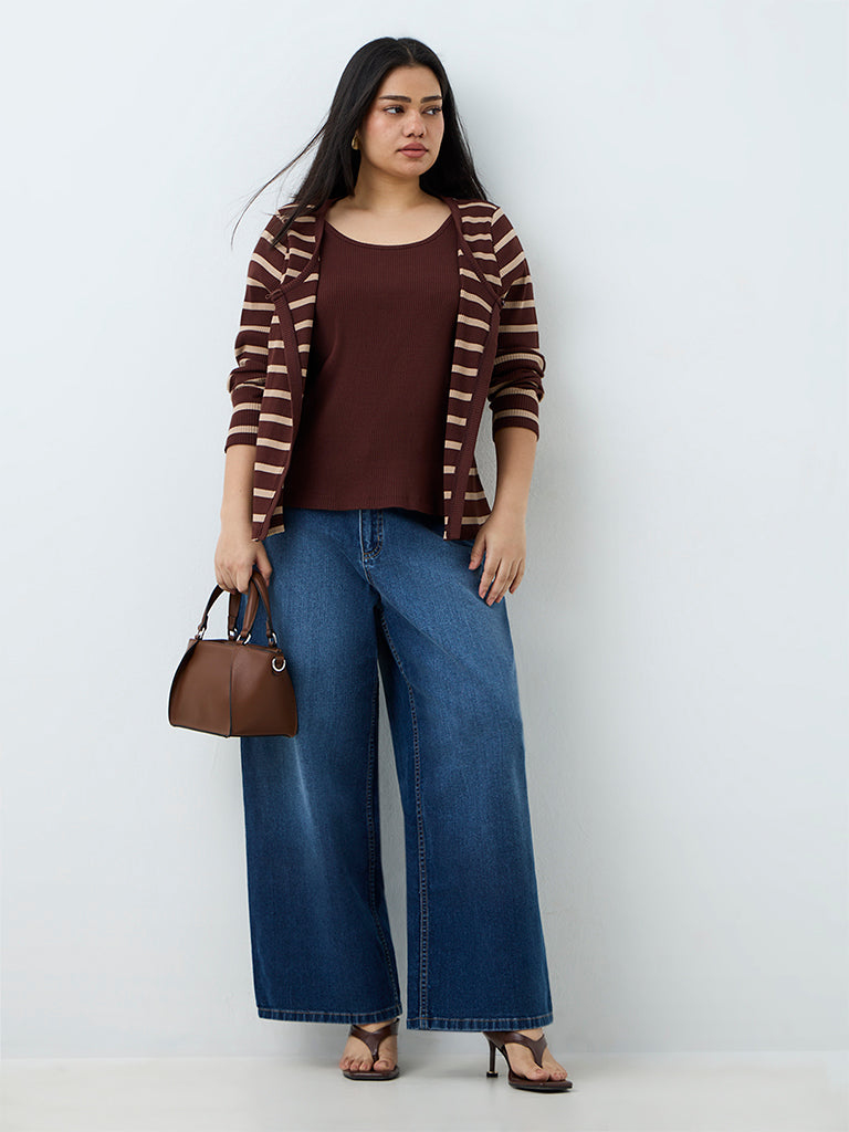 Gia Dark Brown Striped Ribbed Cotton-Blend Top