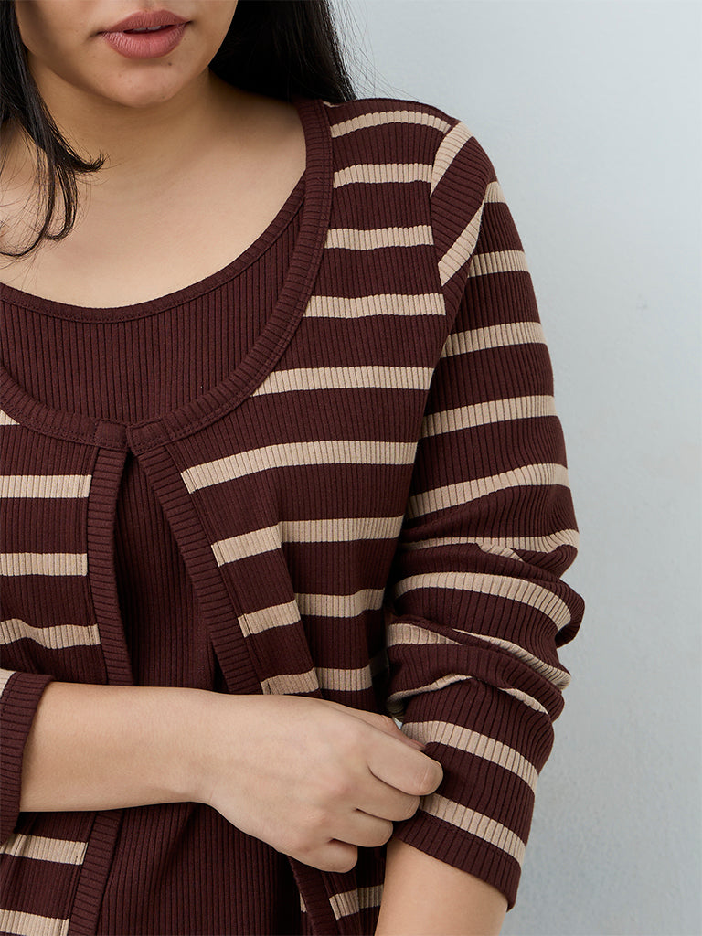 Gia Dark Brown Striped Ribbed Cotton-Blend Top