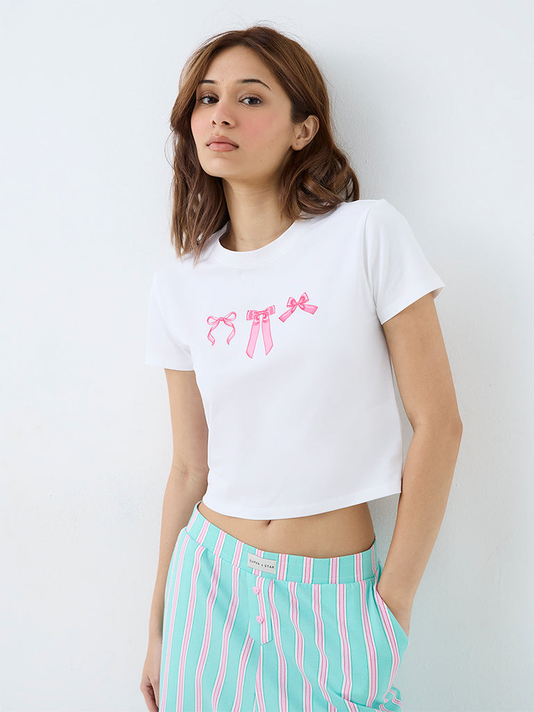 Superstar White Bow Printed Cotton-Blend T-Shirt