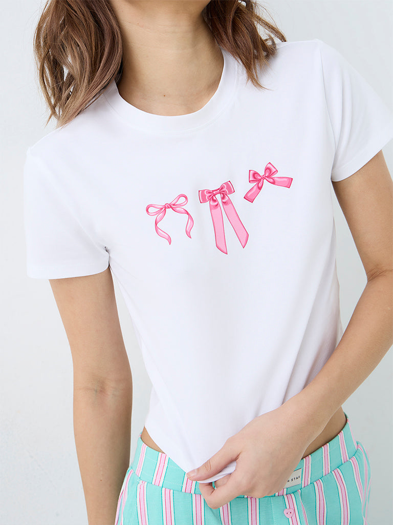 Superstar White Bow Printed Cotton-Blend T-Shirt