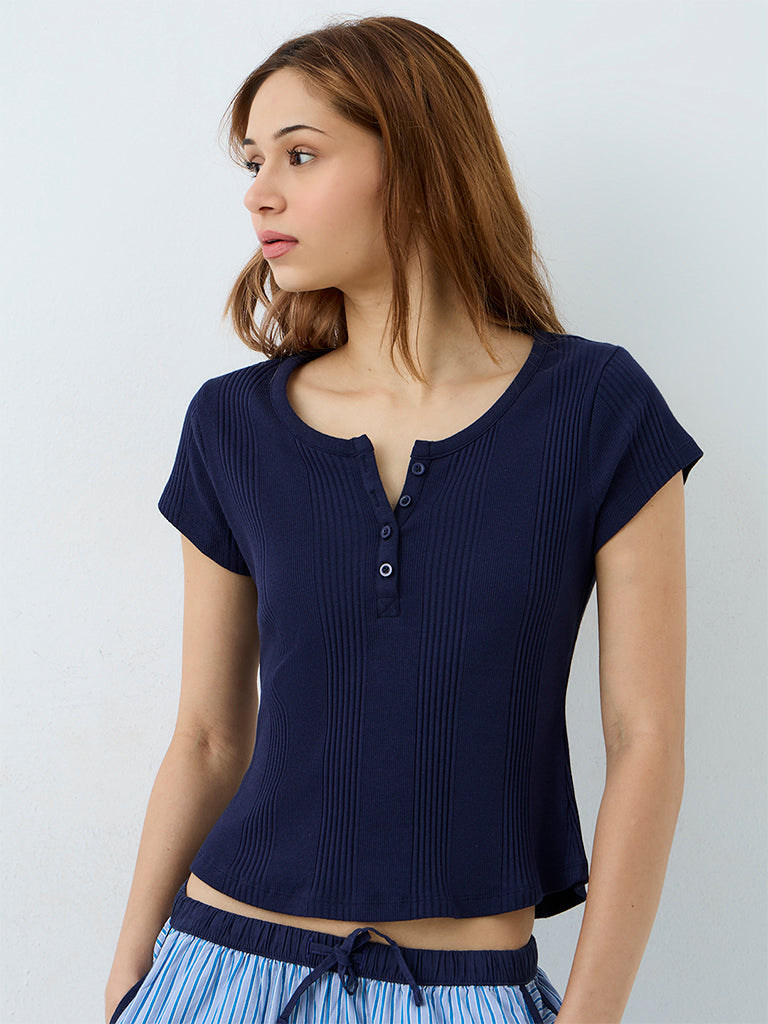 Superstar Navy Ribbed-Textured Henley T-Shirt