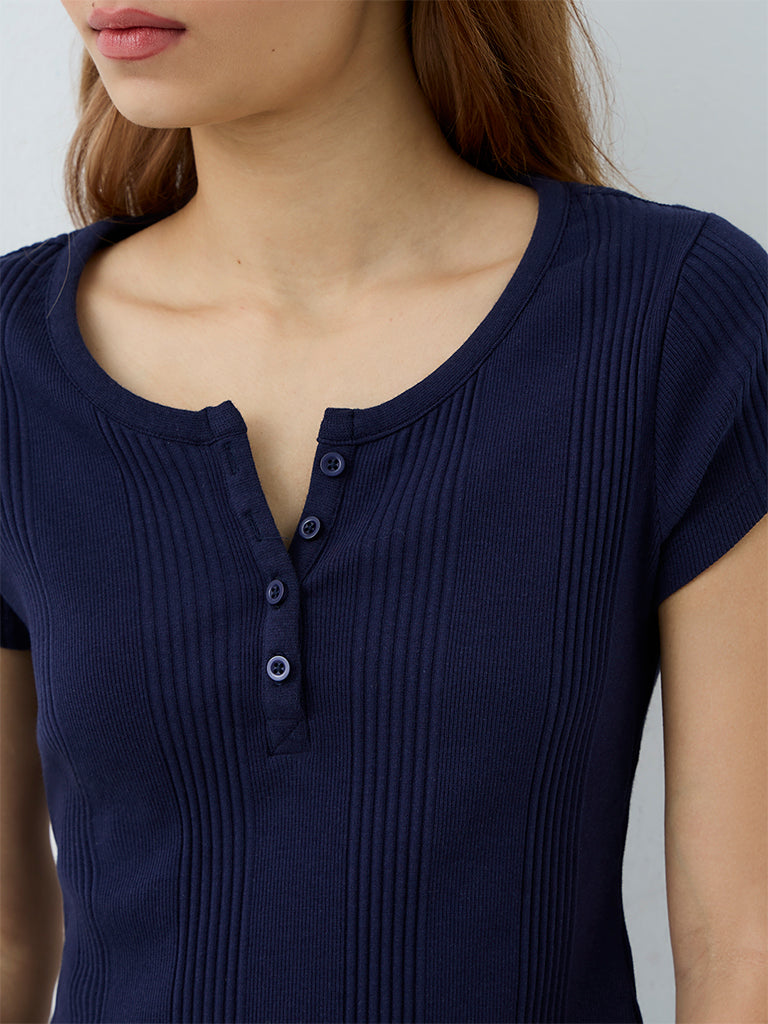 Superstar Navy Ribbed-Textured Henley T-Shirt