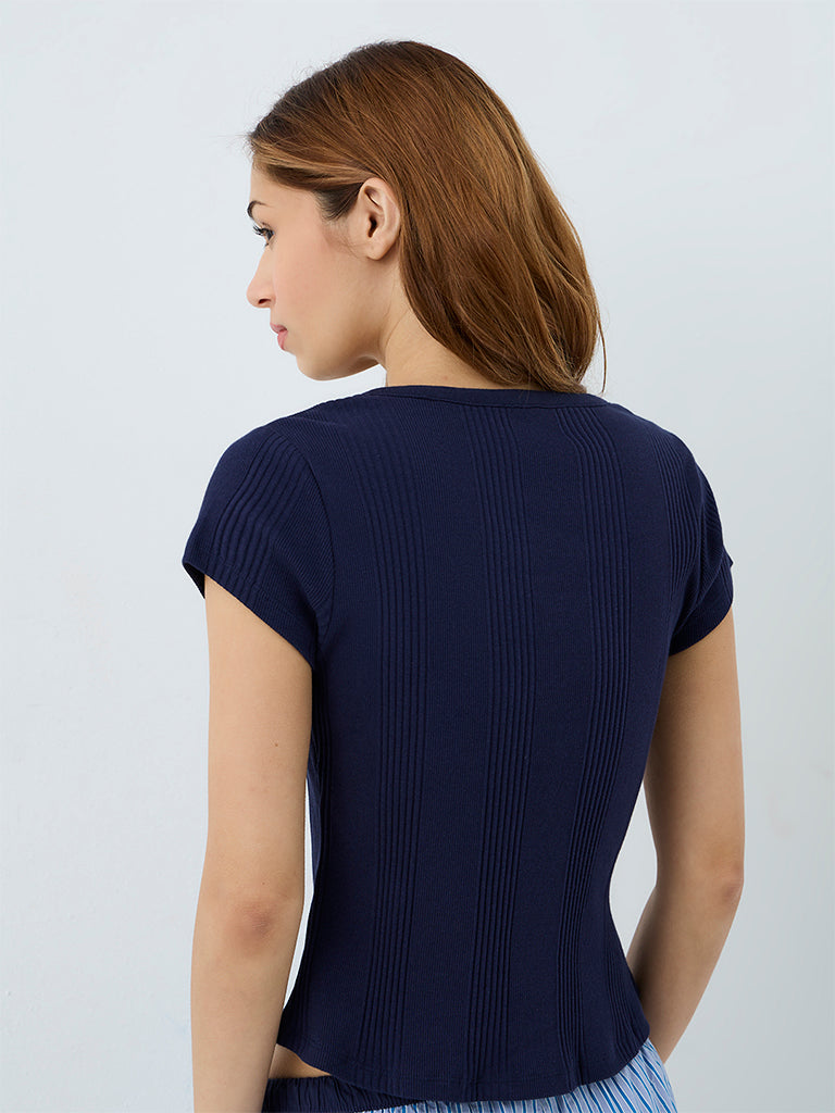 Superstar Navy Ribbed-Textured Henley T-Shirt