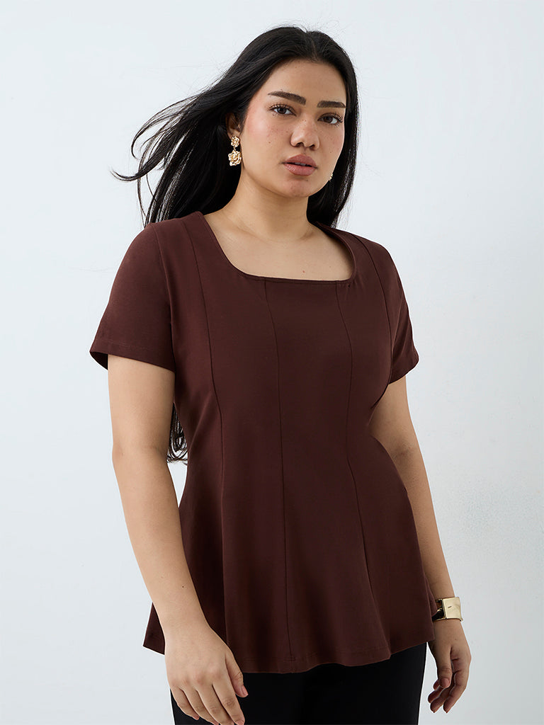 Gia Dark Brown Panelled Cotton-Blend Peplum Top