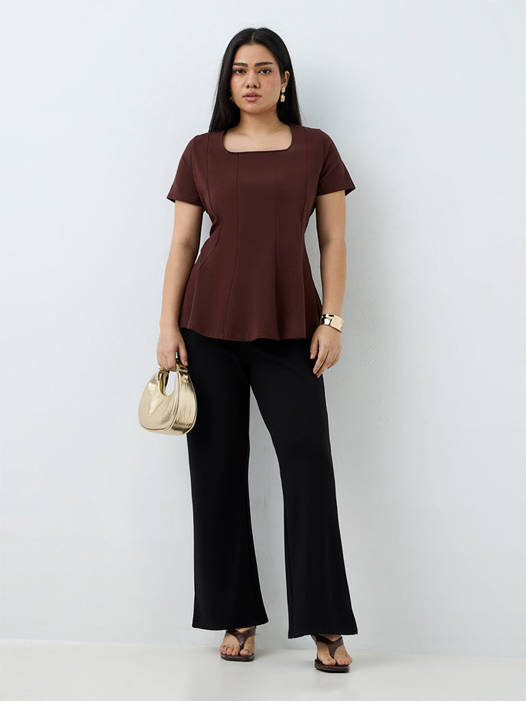 Gia Dark Brown Panelled Cotton-Blend Peplum Top