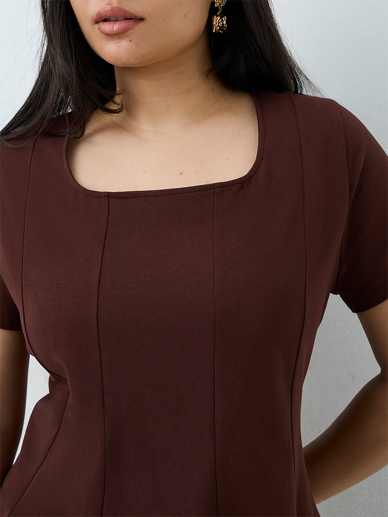 Gia Dark Brown Panelled Cotton-Blend Peplum Top
