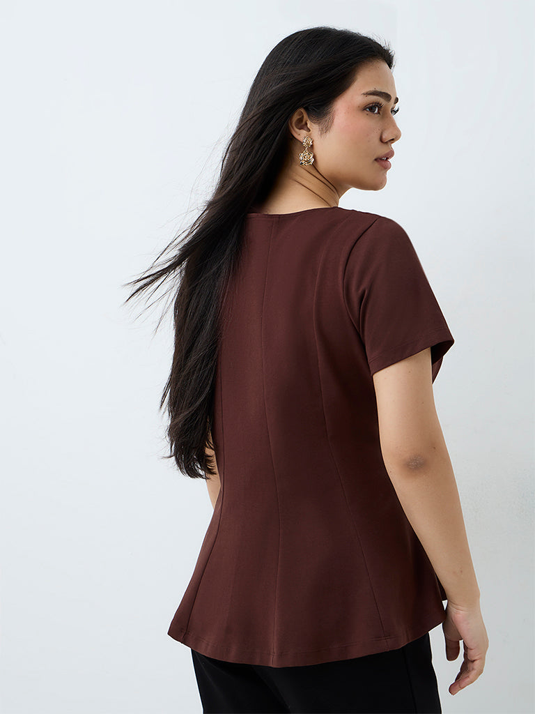 Gia Dark Brown Panelled Cotton-Blend Peplum Top