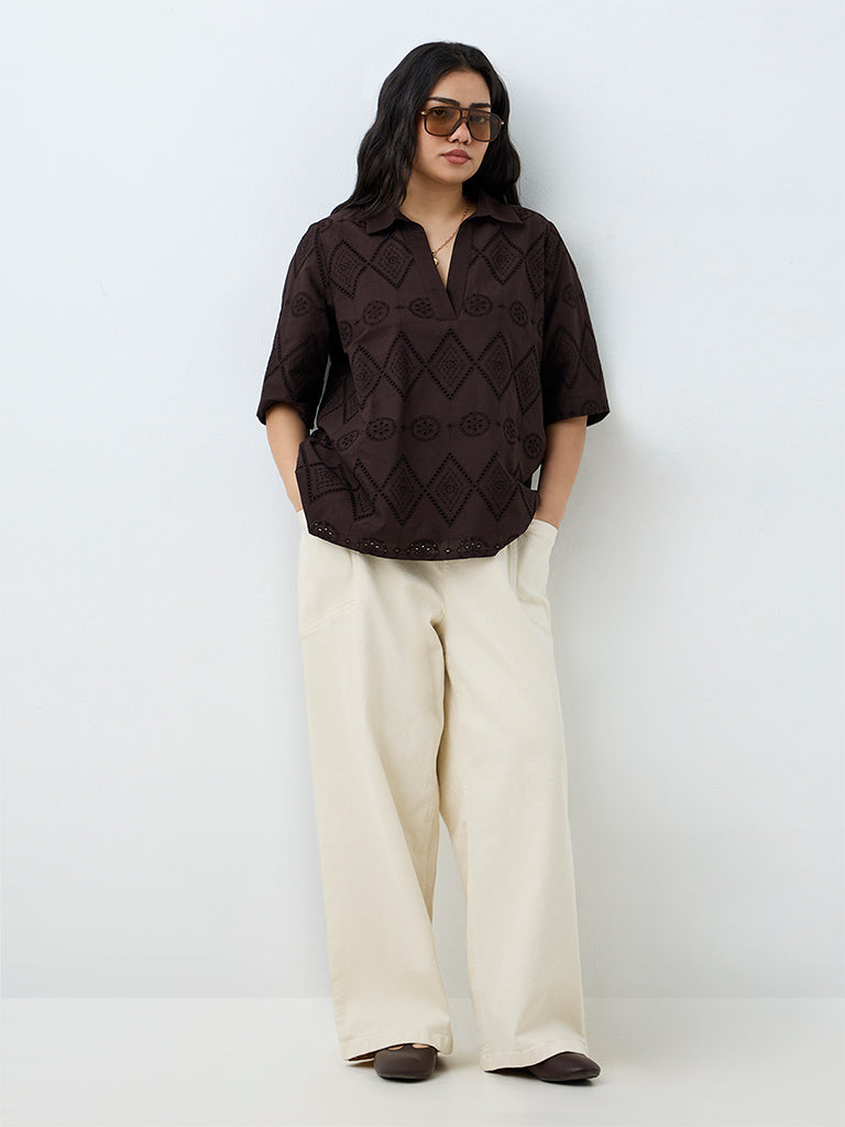Gia Dark Brown Geometric Embroidered Blouse
