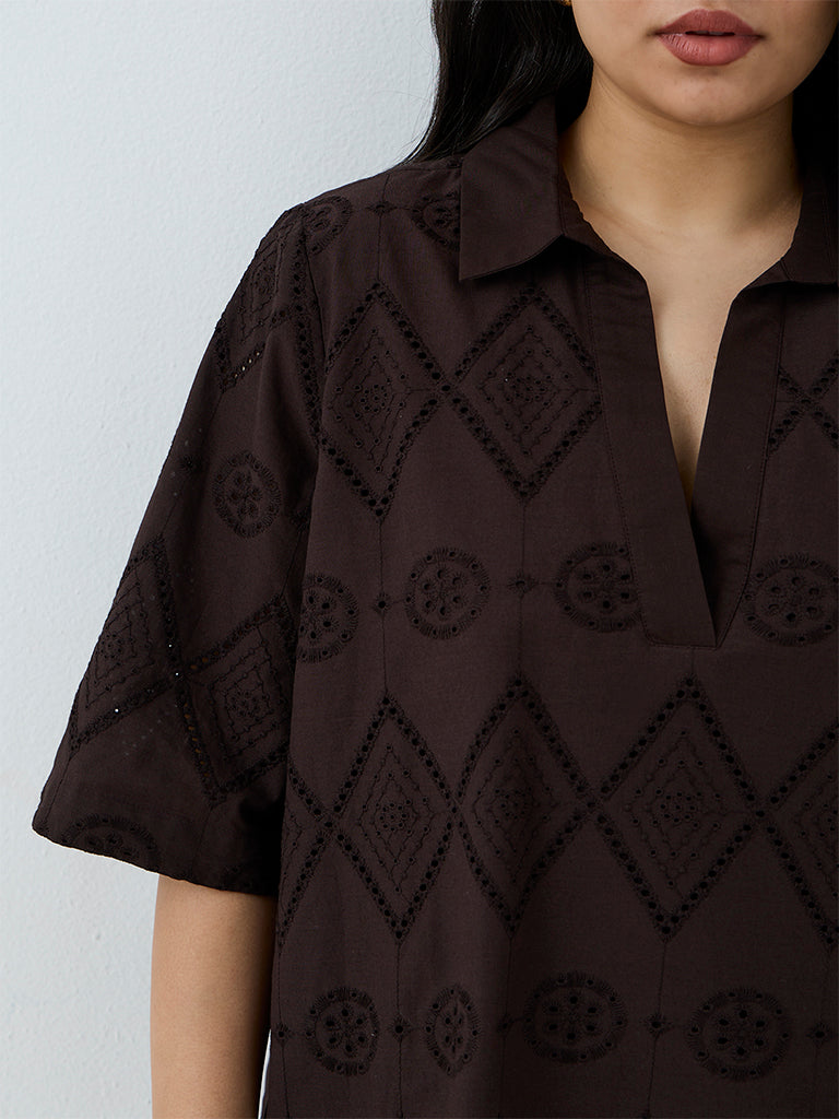 Gia Dark Brown Geometric Embroidered Blouse