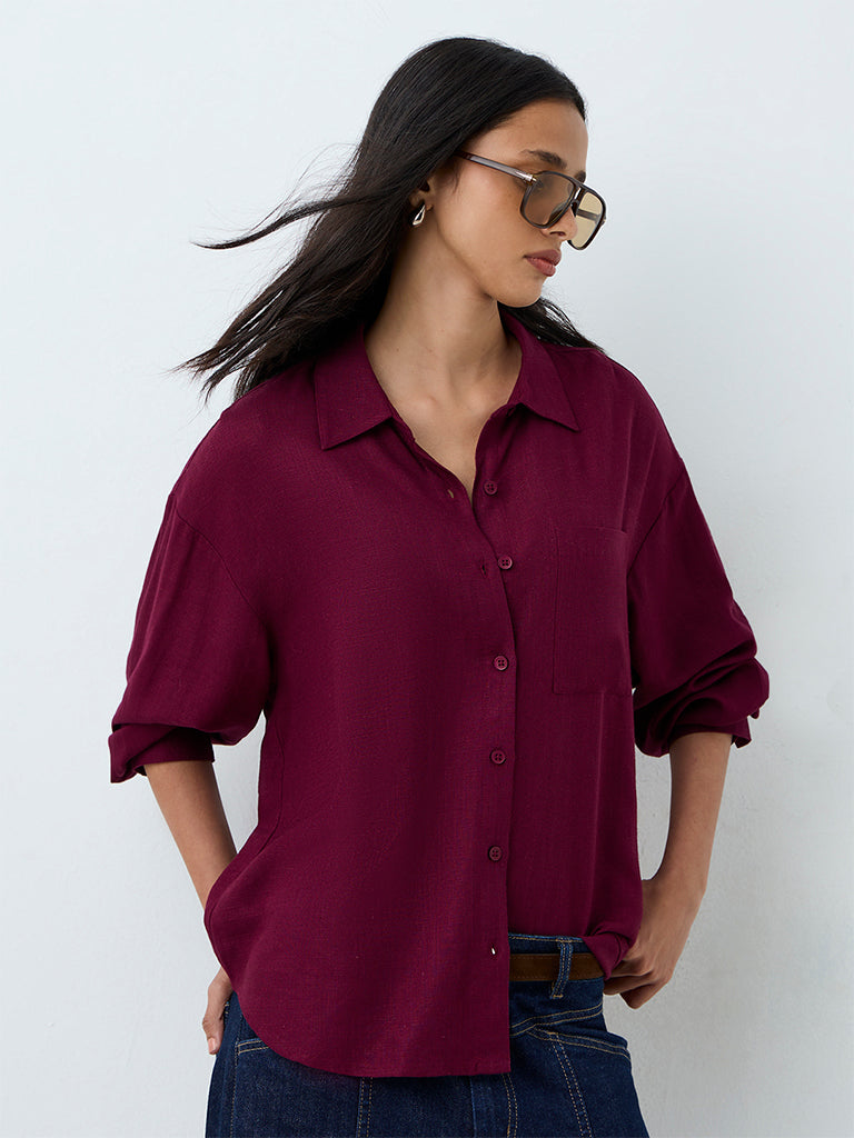 LOV Wine Solid Linen-Blend Shirt