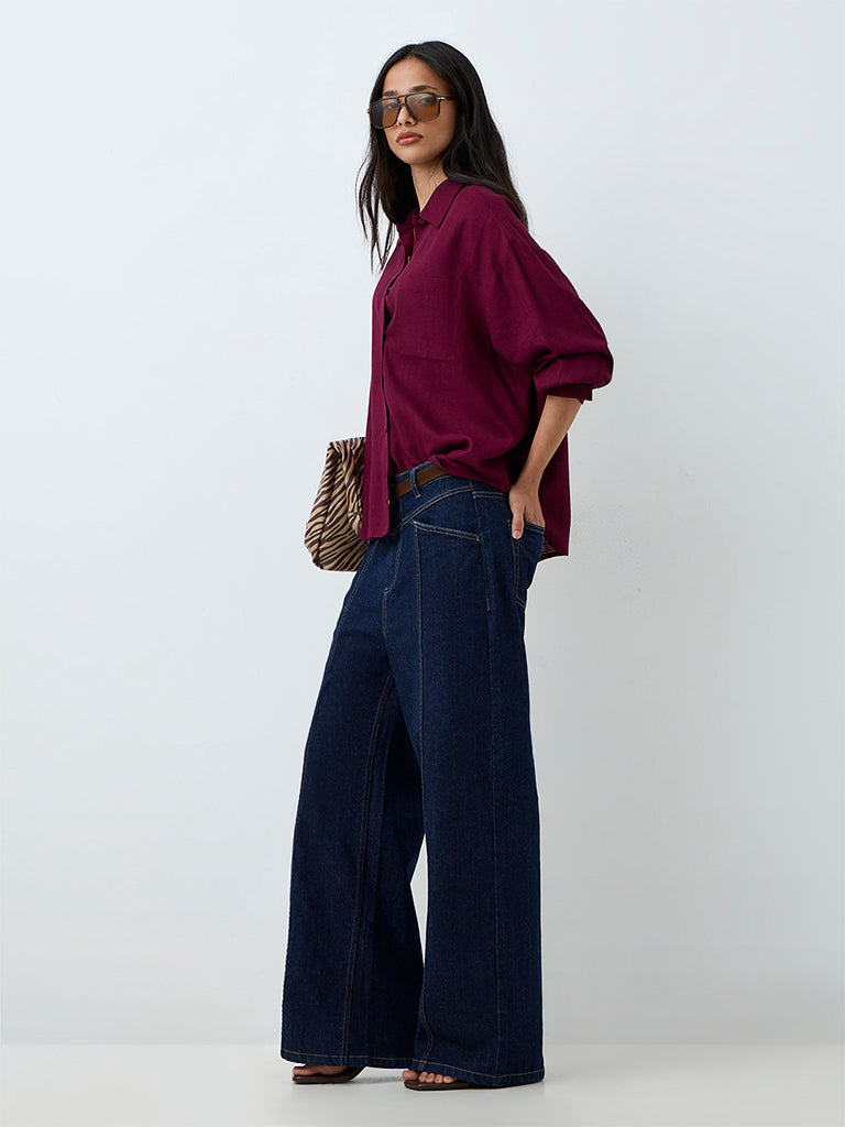 LOV Wine Solid Linen-Blend Shirt