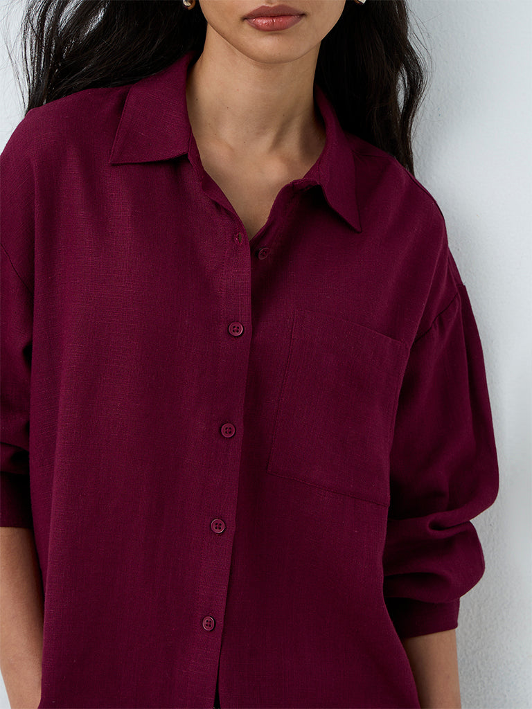 LOV Wine Solid Linen-Blend Shirt