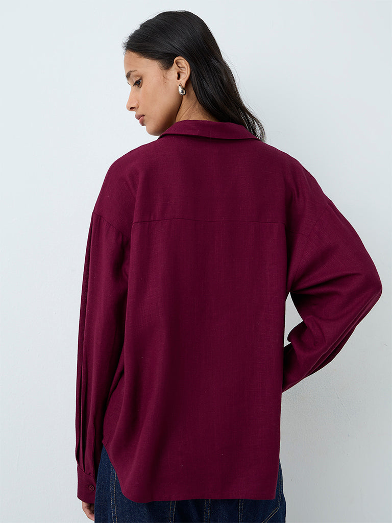 LOV Wine Solid Linen-Blend Shirt